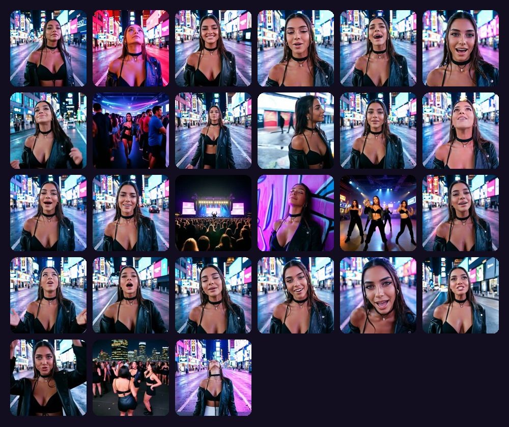 A grid of the 27 scenes in the Dreams Come True music video: Luna Rey singing on a neon-lit city street, dancing on stage, and in a crowd.