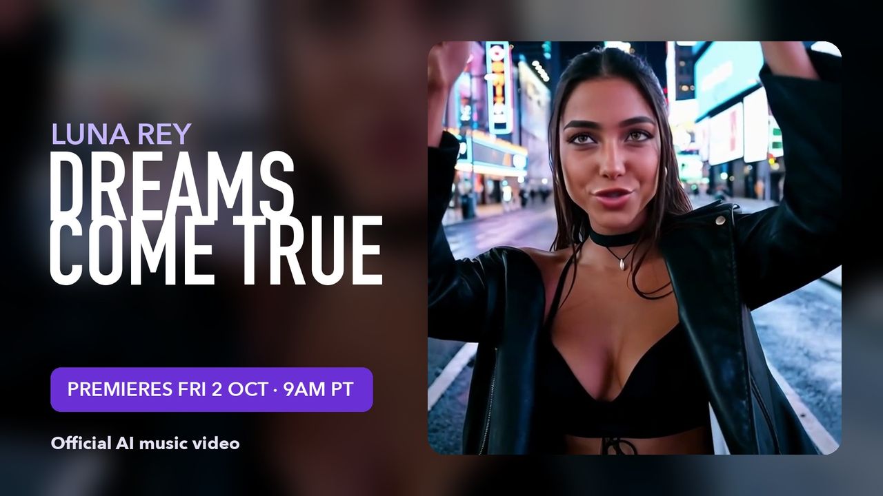 Luna Rey, Dreams Come True. Premieres Friday, October 2, 9 AM Pacific. Official AI music video.