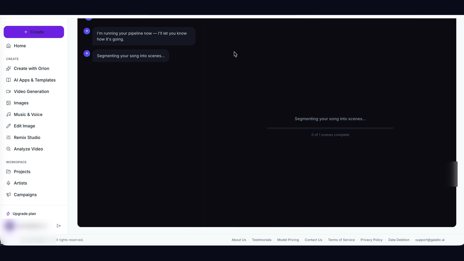 An early Flow Studio run in dark mode stuck on "Segmenting your song into scenes... 0 of 1 scenes complete."