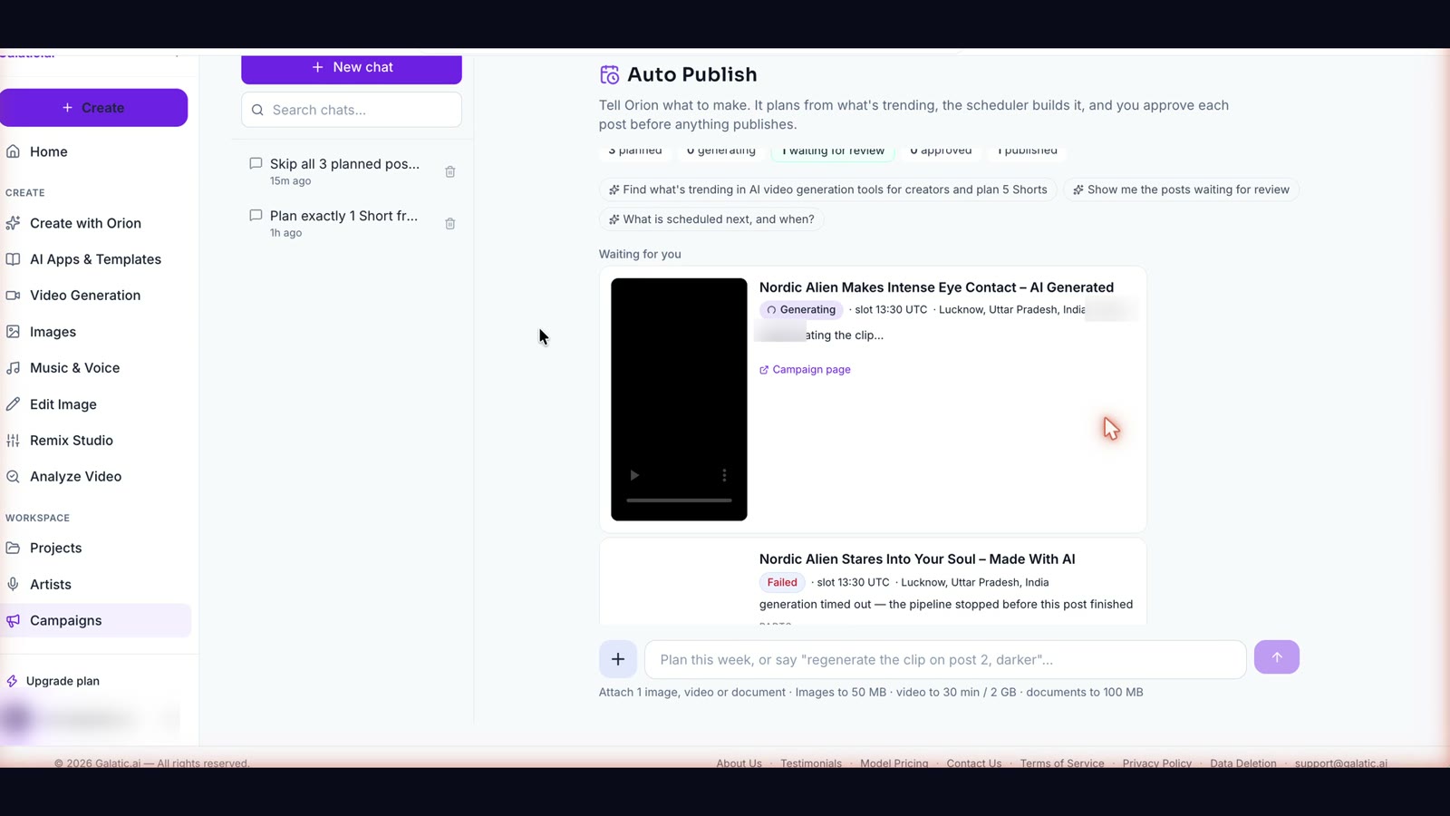 Auto Publish with a post marked Failed: "generation timed out — the pipeline stopped before this post finished."