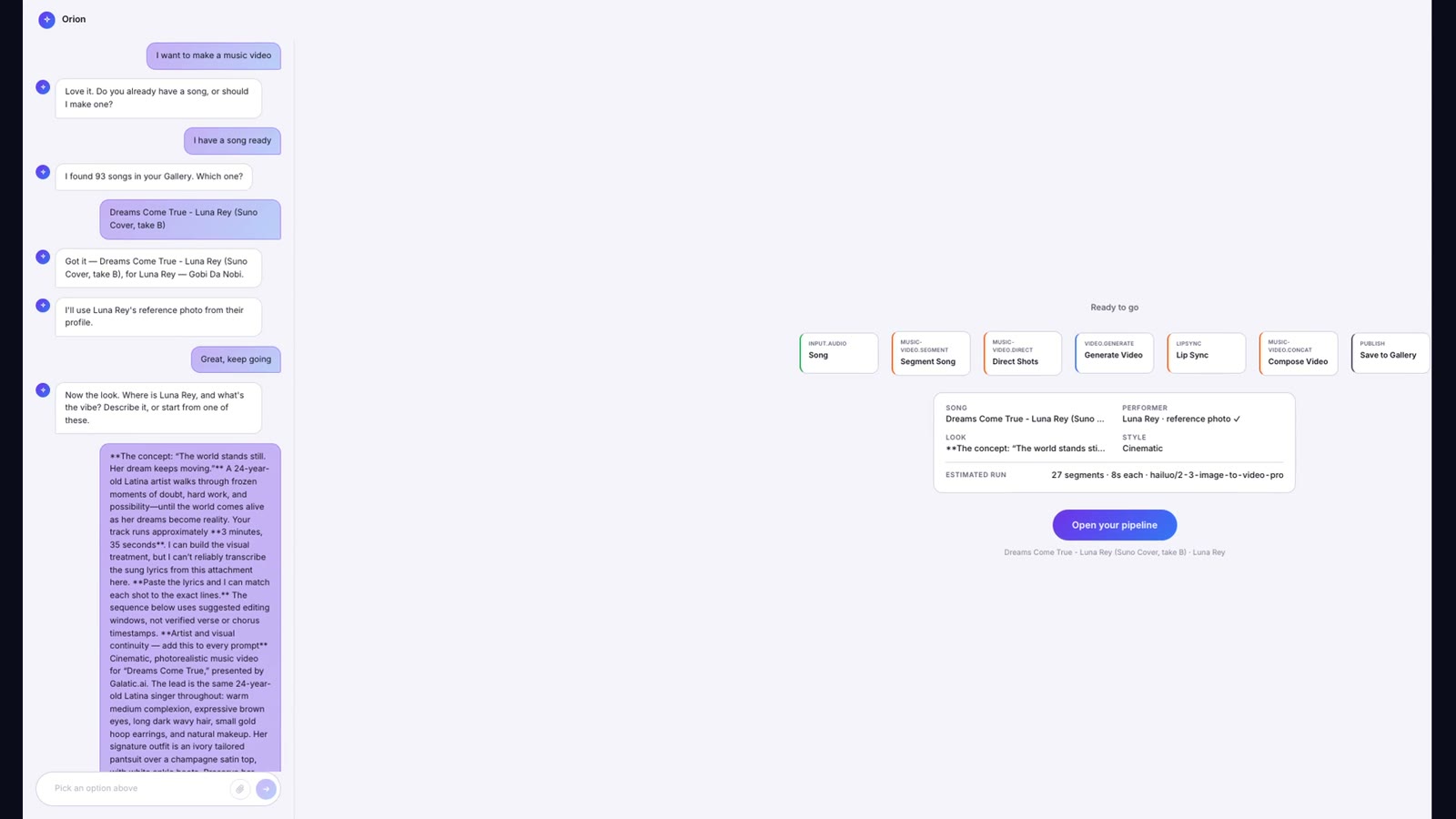 Orion's guided chat: "I want to make a music video," "I have a song ready," the song picked from the gallery, and a "Ready to go" plan with seven steps from Song to Save to Gallery.
