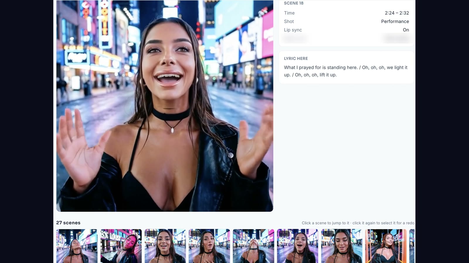 Luna Rey singing in Times Square in scene 18 of 27, with the lyric for that scene and a strip of all 27 scenes below.